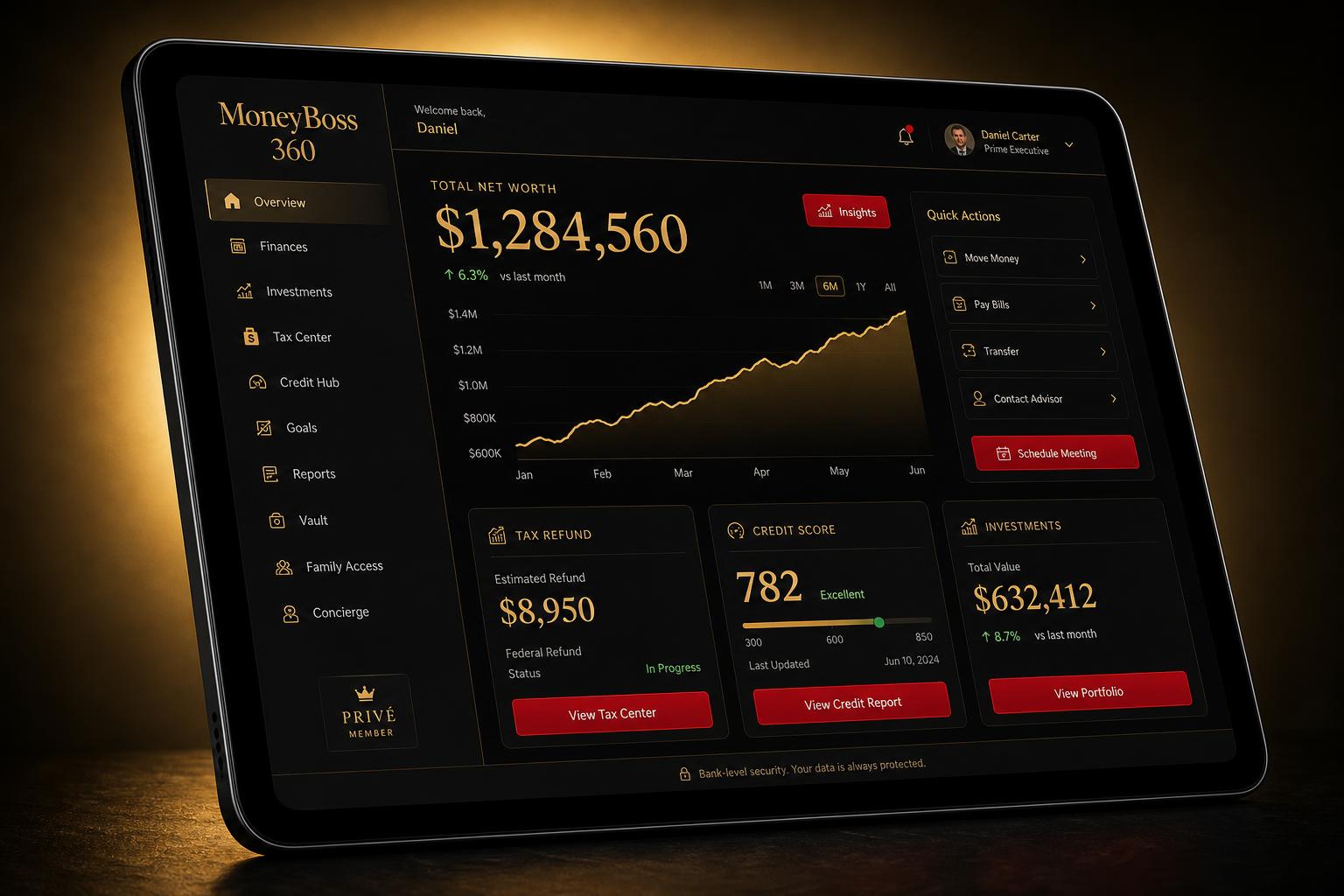 MoneyBoss 360 net worth dashboard on tablet